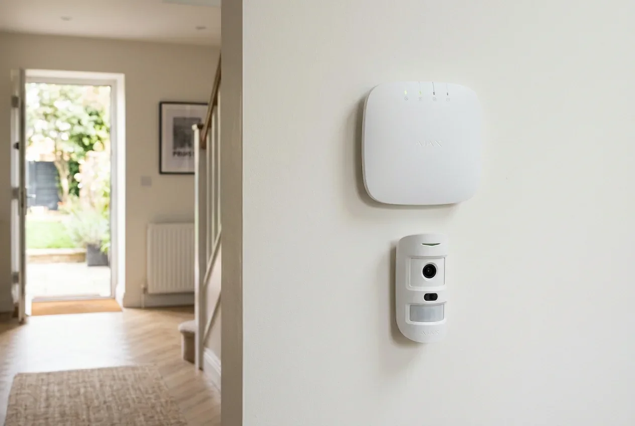 Ajax Hub 2 Plus central panel with MotionCam visual verification sensor in contemporary UK home