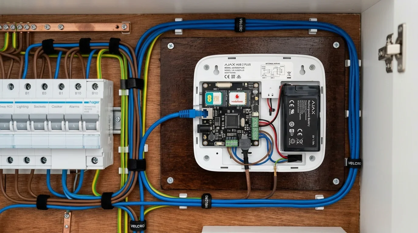 Internal technical view of Ajax Hub 2 Plus showing dual SIM slots, solid RJ45 Ethernet port, and backup battery