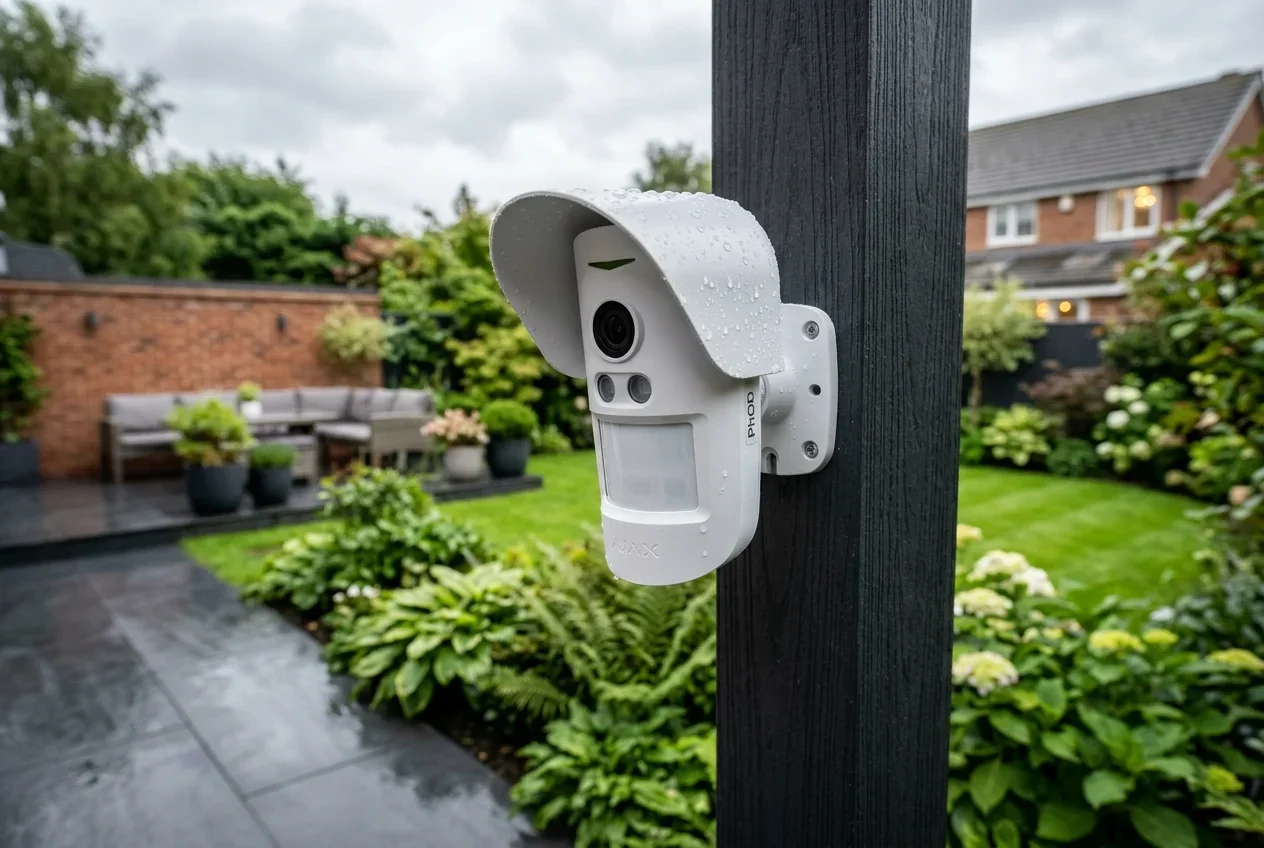 Ajax MotionCam Outdoor PhOD dual-PIR detector mounted on external stone wall with camera lens