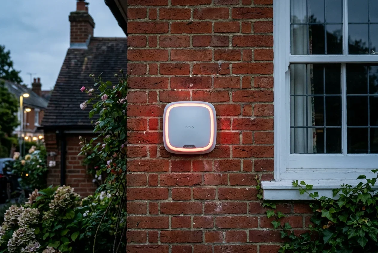 Ajax StreetSiren Jeweller 113dB sounder mounted to red facing brickwork with LED strobe in the UK
