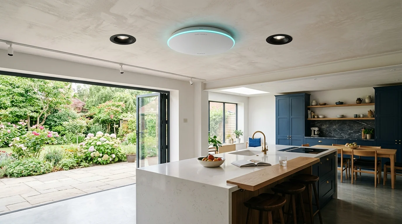 Ceiling-mounted commercial Wi-Fi 6 access point powered via PoE Cat6 cable in residential hallway in Adwick