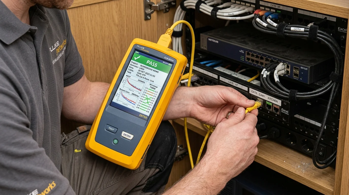 Fluke Networks DSX-8000 CableAnalyzer displaying passing NEXT, return loss, and 10Gbps channel test results in Beardwood