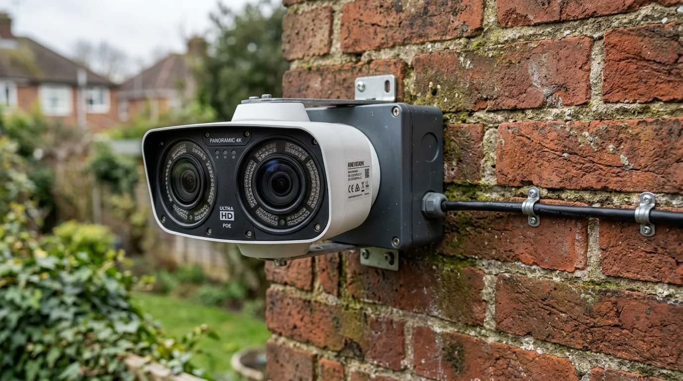16 Megapixel dual-lens panoramic security camera mounted under timber soffit giving seamless 180-degree driveway view