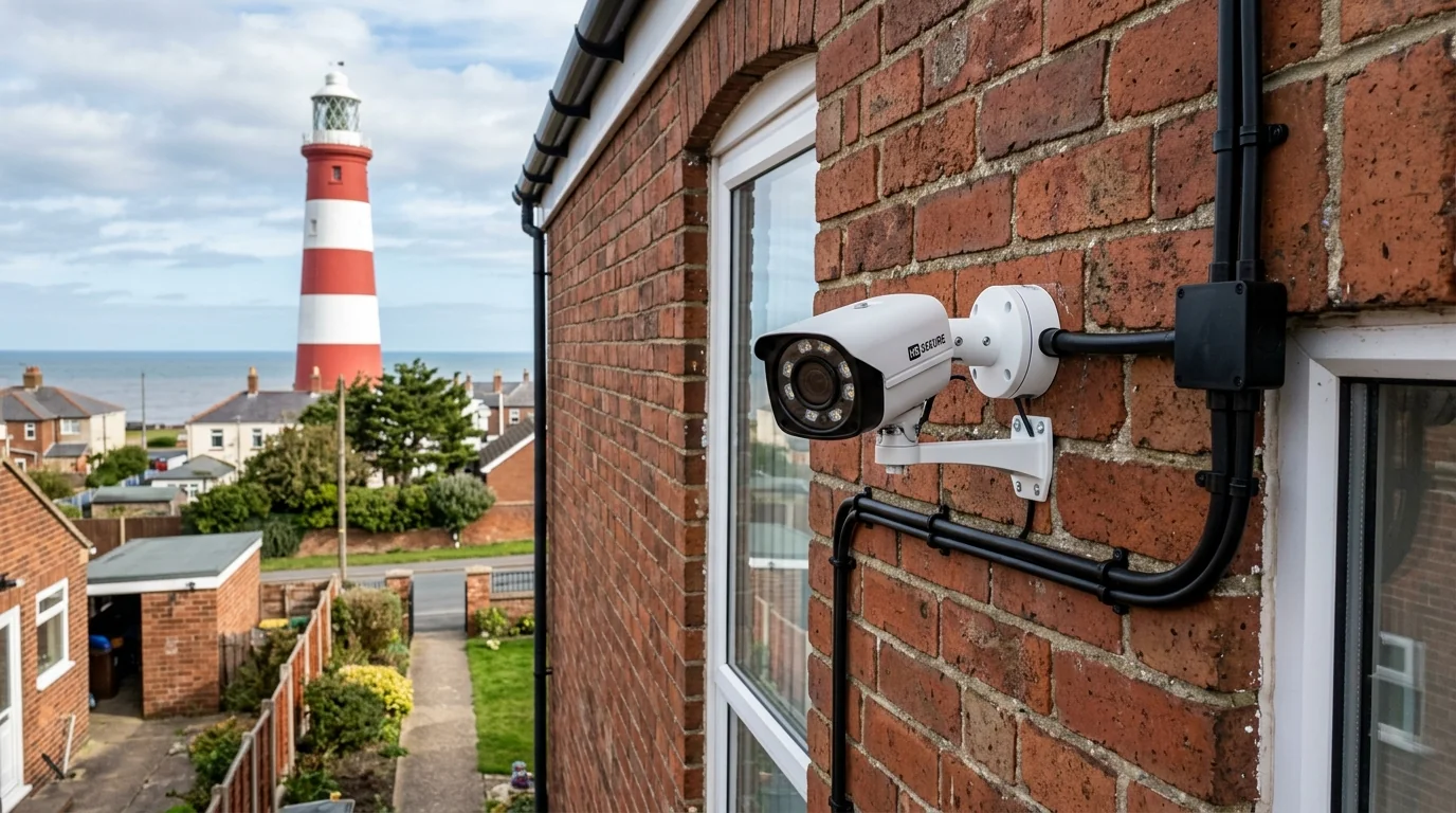 Marine-grade powder-coated turret camera installed on coastal property in Withernsea