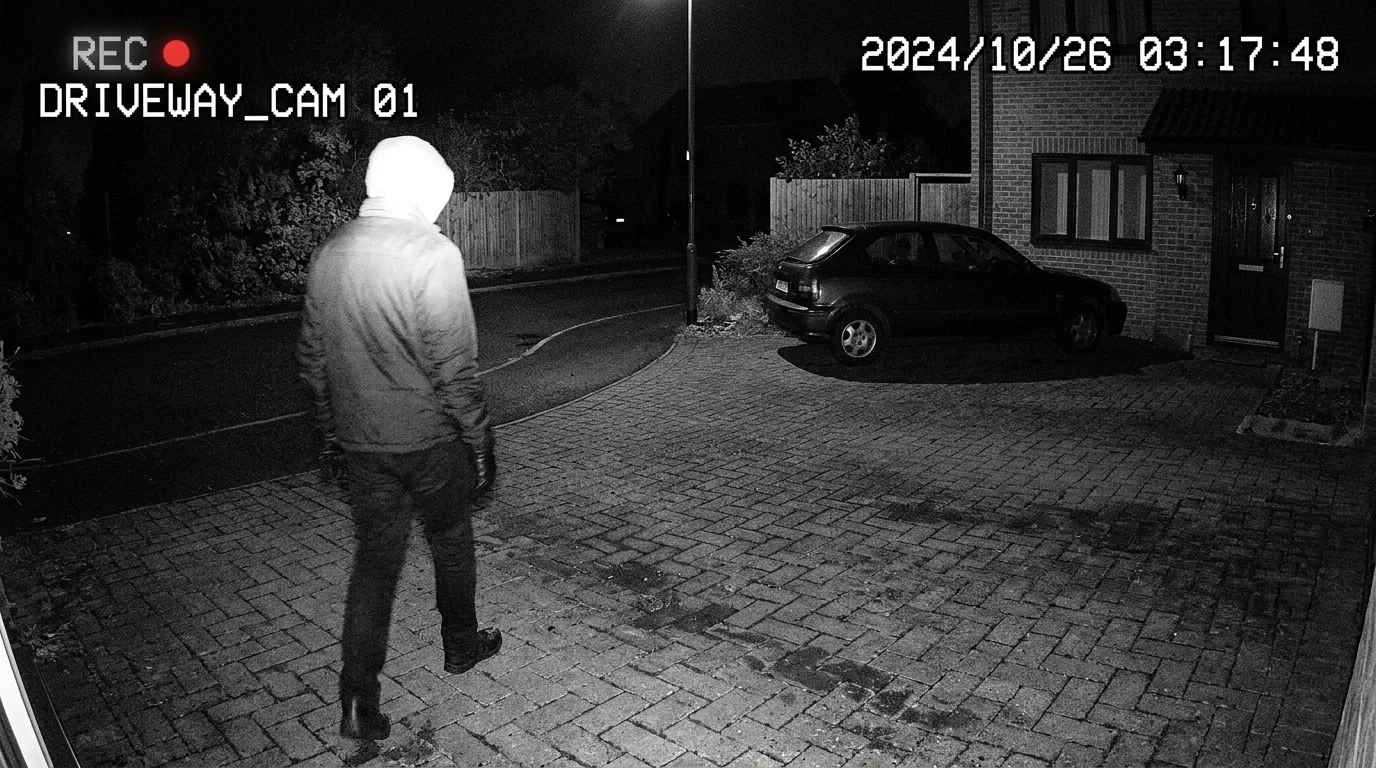 Security camera night view blinded by infrared reflection from spiderwebs and insect attractant on lens