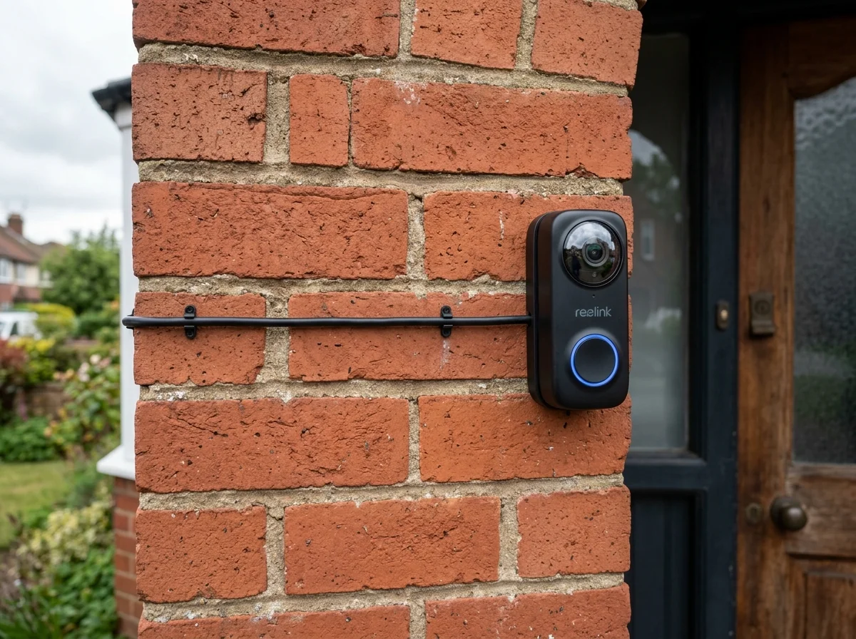 Clean architectural surface mount of Reolink PoE doorbell with zero visible wiring on facing masonry