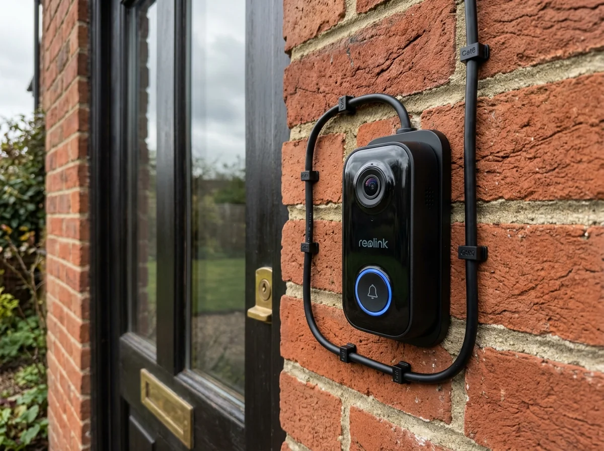 Reolink PoE smart video doorbell hardwired into exterior brickwork with concealed Cat6 Ethernet feed