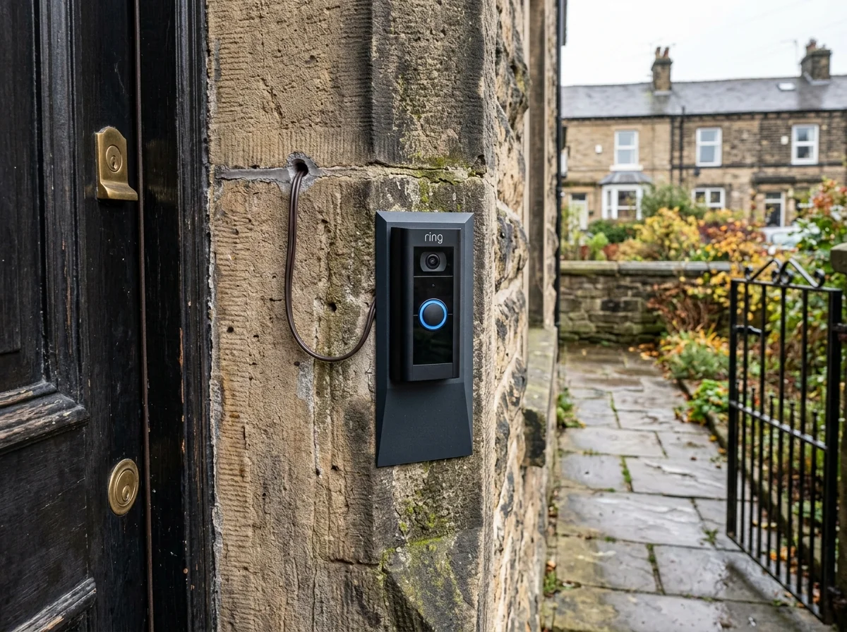 Ring Video Doorbell mounted with angled wedge on uneven rustic Yorkshire gritstone door surround in Leeds