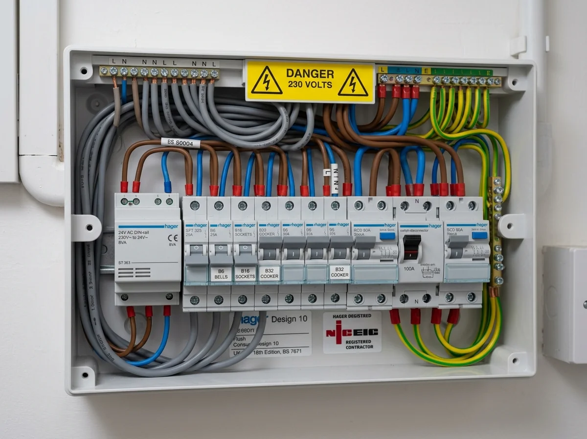 24V AC DIN-rail bell transformer installed on consumer unit rail powering hardwired video doorbell