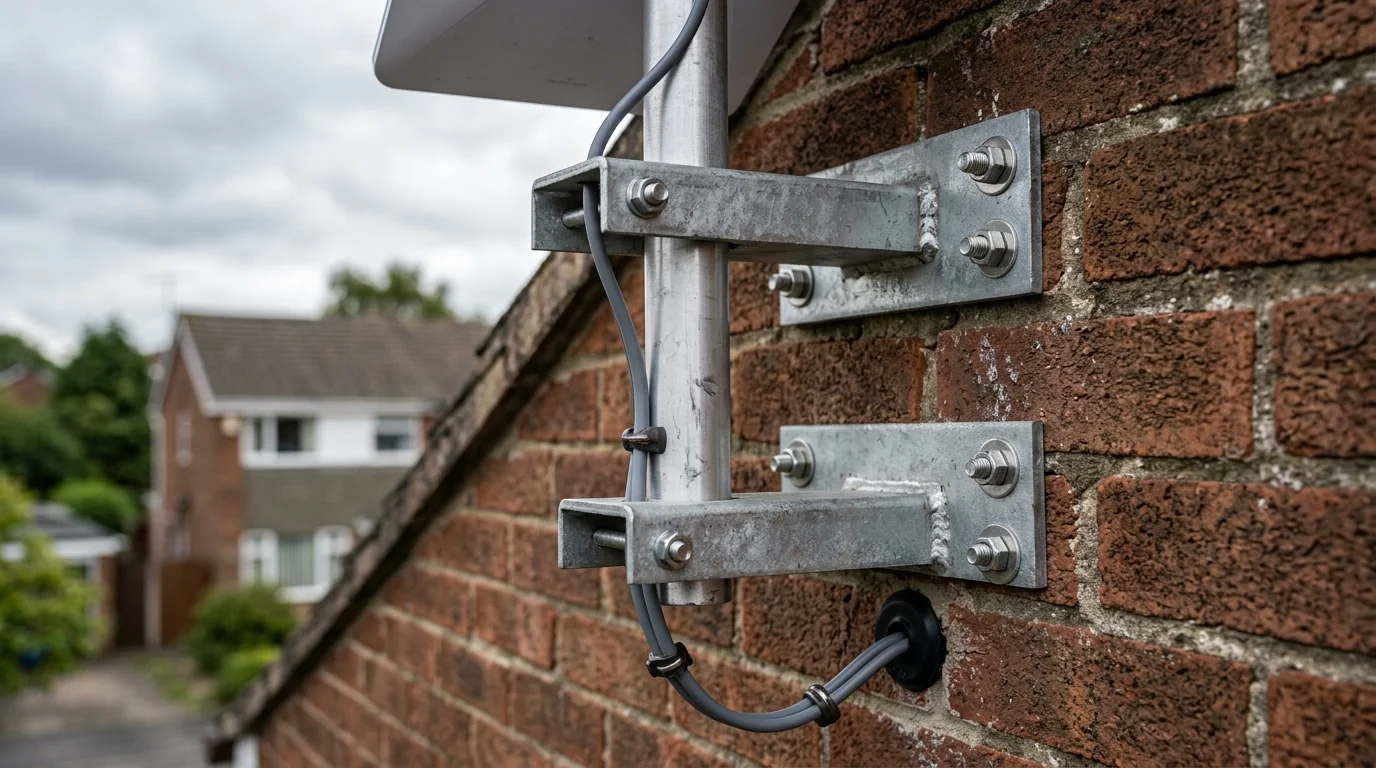 Starlink Gen 3 dish mounted on heavy-duty galvanised storm bracket rated for 90mph gales in Beardwood
