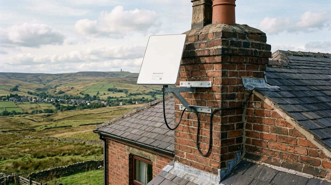 Starlink Gen 3 dish fixed to rooftop stack in Shadsworth delivering low-latency satellite internet